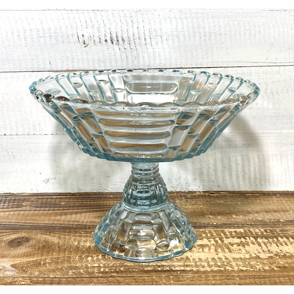 Vintage 1950's Jeannette Glass Louisa Star Lite Blue Footed Compote Bowl 9" Dia - Picture 1 of 12